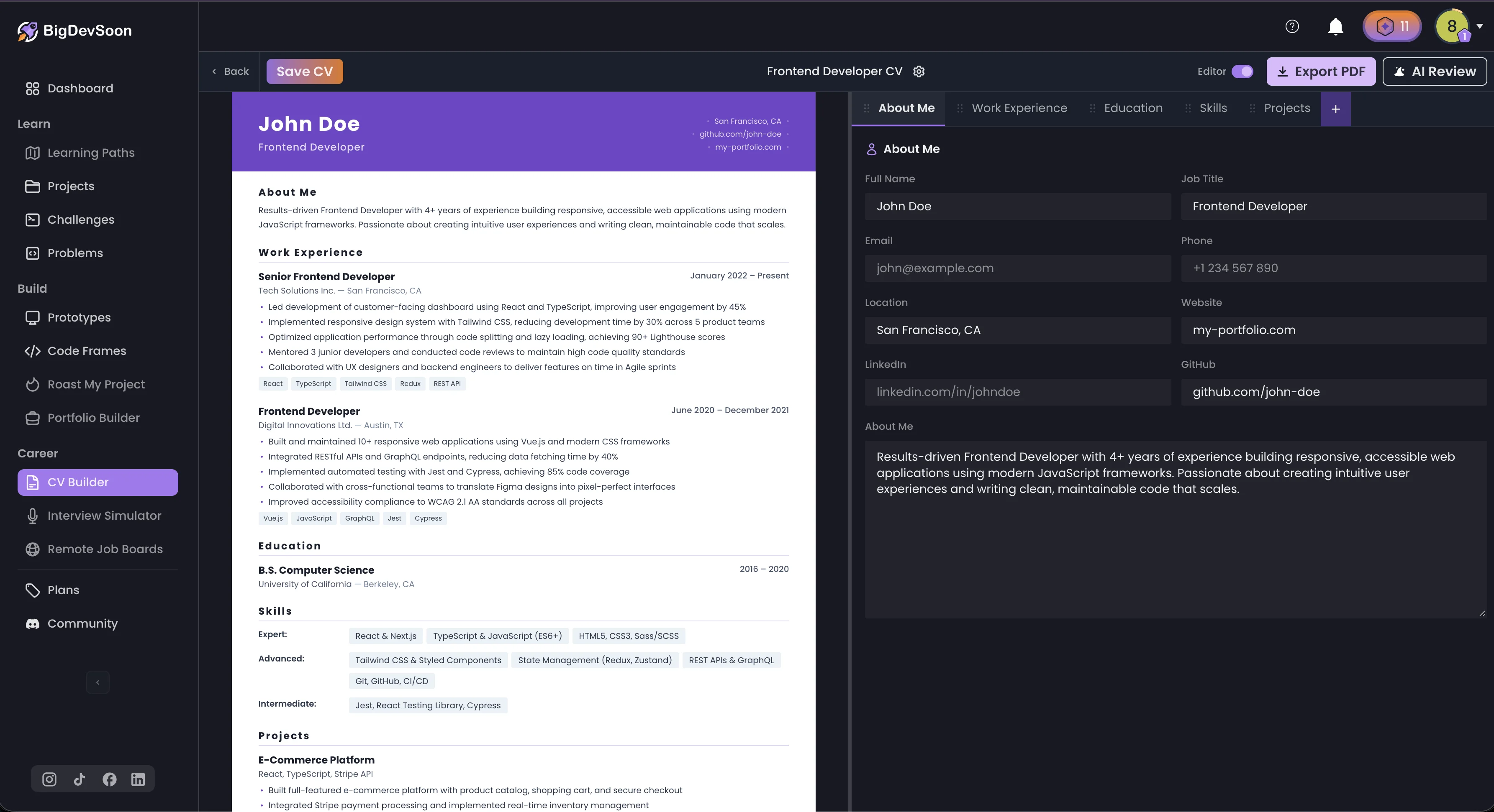BigDevSoon CV Builder — AI-powered developer CV builder with ATS optimization