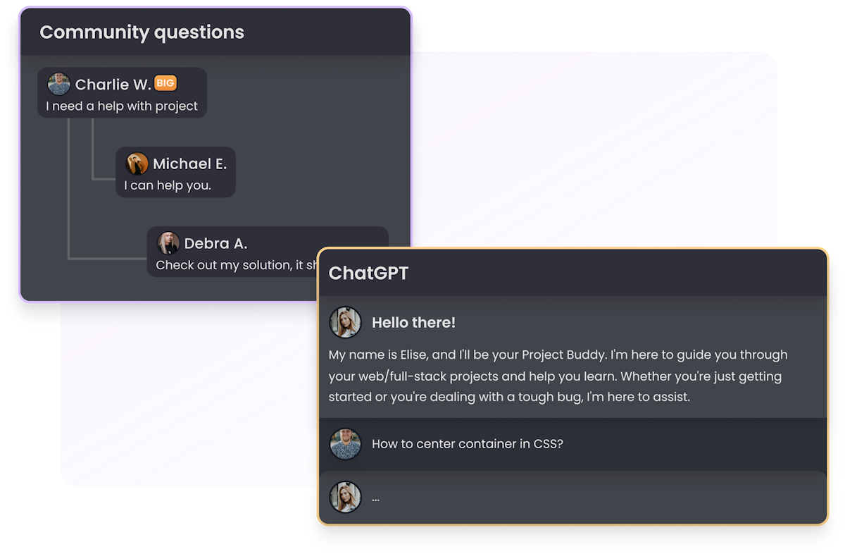 BigDevSoon's how it works section representing ChatGPT & community questions examples