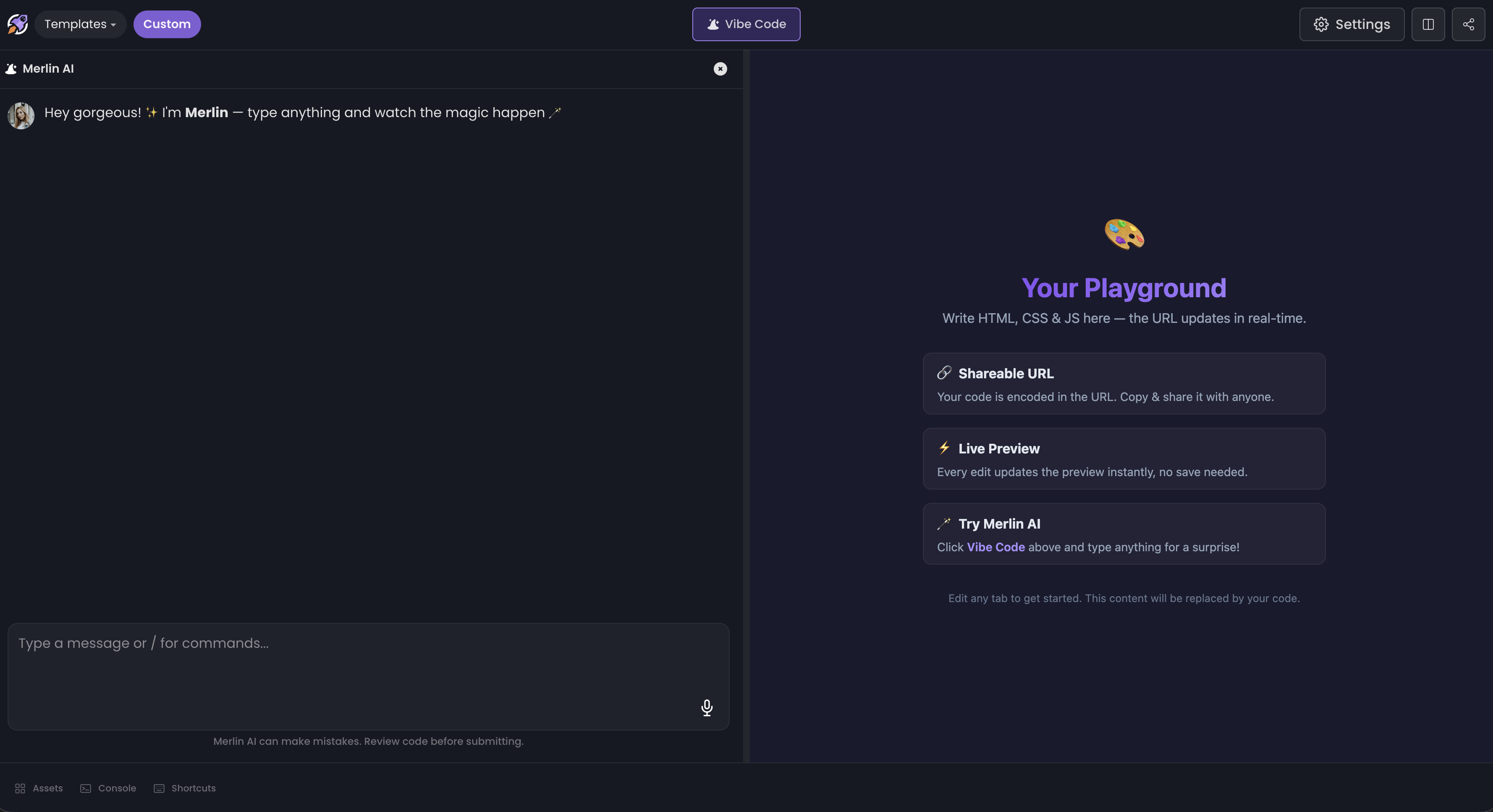 BigDevSoon code editor with live preview and Merlin AI